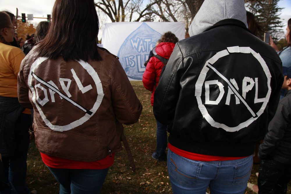 Cousins Jessica and Michelle Decoteau, of Belcourt, both enrolled members in the Turtle Mountain Band of Chippewa, don slogans opposing the Dakota Access Pipeline, Saturday, Oct. 29, 2016, in Bismarck, N.D. The pair, who participated in a peaceful protest outside the North Dakota state capitol, say they stand in solidarity with the Standing Rock Sioux. (John L. Mone/AP)