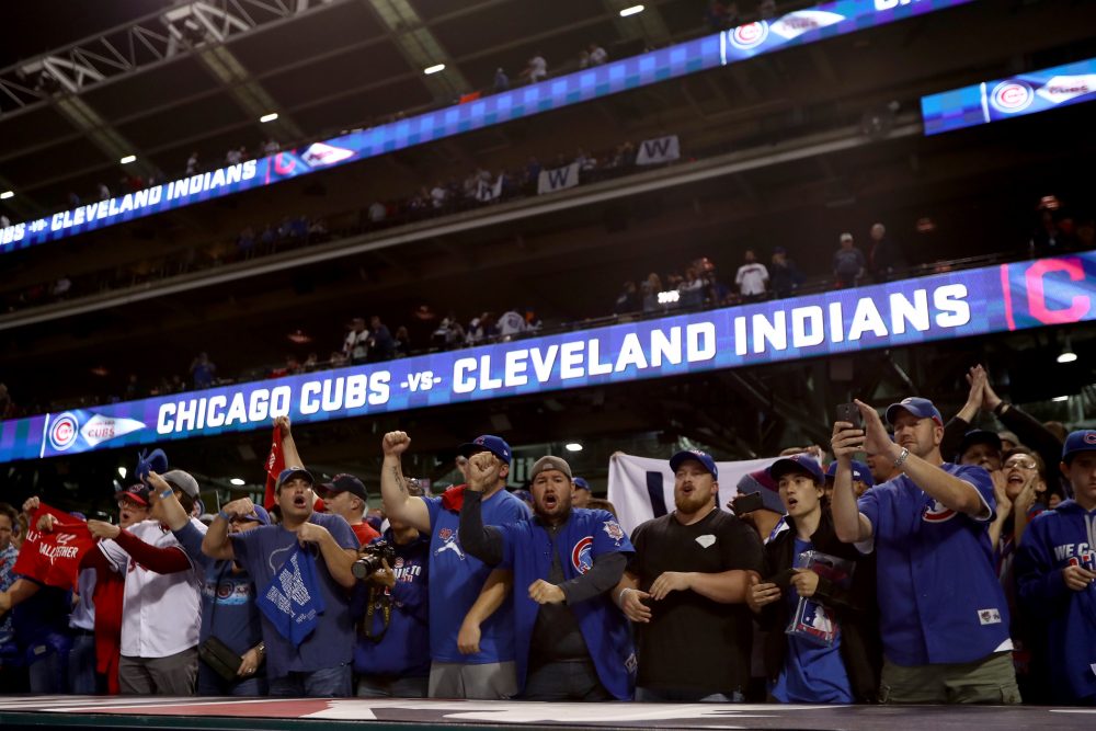 Chicago Cubs fans cheer after the Cubs defeated the Cleveland Indians 9-3 to win Game 6 of the 2016 World Series at Progressive Field on Nov. 1, 2016 in Cleveland, Ohio. (Elsa/Getty Images)