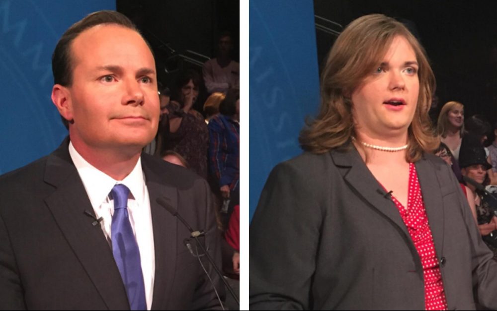 Sen. Mike Lee and Misty Snow answer questions from reporters following their debate at Brigham Young University on Oct. 12. (Julia Ritchey/KUER)