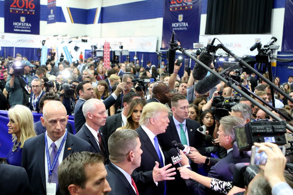 Republican presidential nominee Donald Trump speaks to the media in the spin room during the Presidential Debate at Hofstra University on Sept. 26, 2016 in Hempstead, N.Y. (Michael Bocchieri/Getty Images)