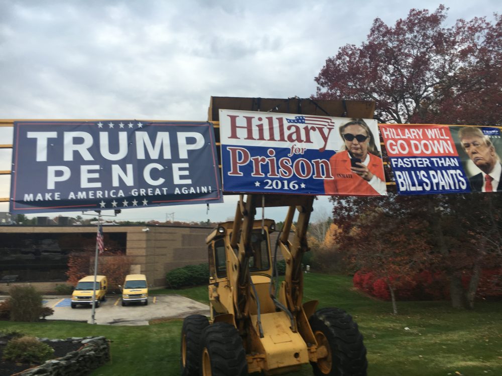 Massachusetts Trump supporters put out signs in support of the President-elect throughout the campaign season. They are now celebrating his victory. (Deborah Becker/WBUR)