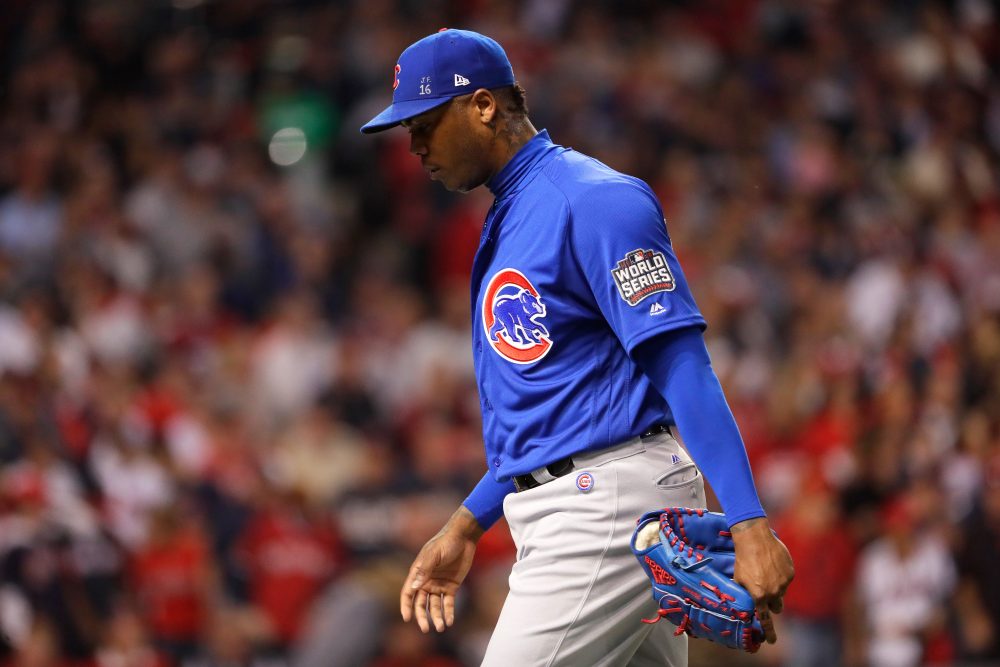 There's speculation of Aroldis Chapman being traded to the Dodgers or Yankees, which, according to Bill Littlefield., would be a bit ironic, given the fact that he was in the Yankees bullpen until mid-season. (Jamie Squire/Getty Images)