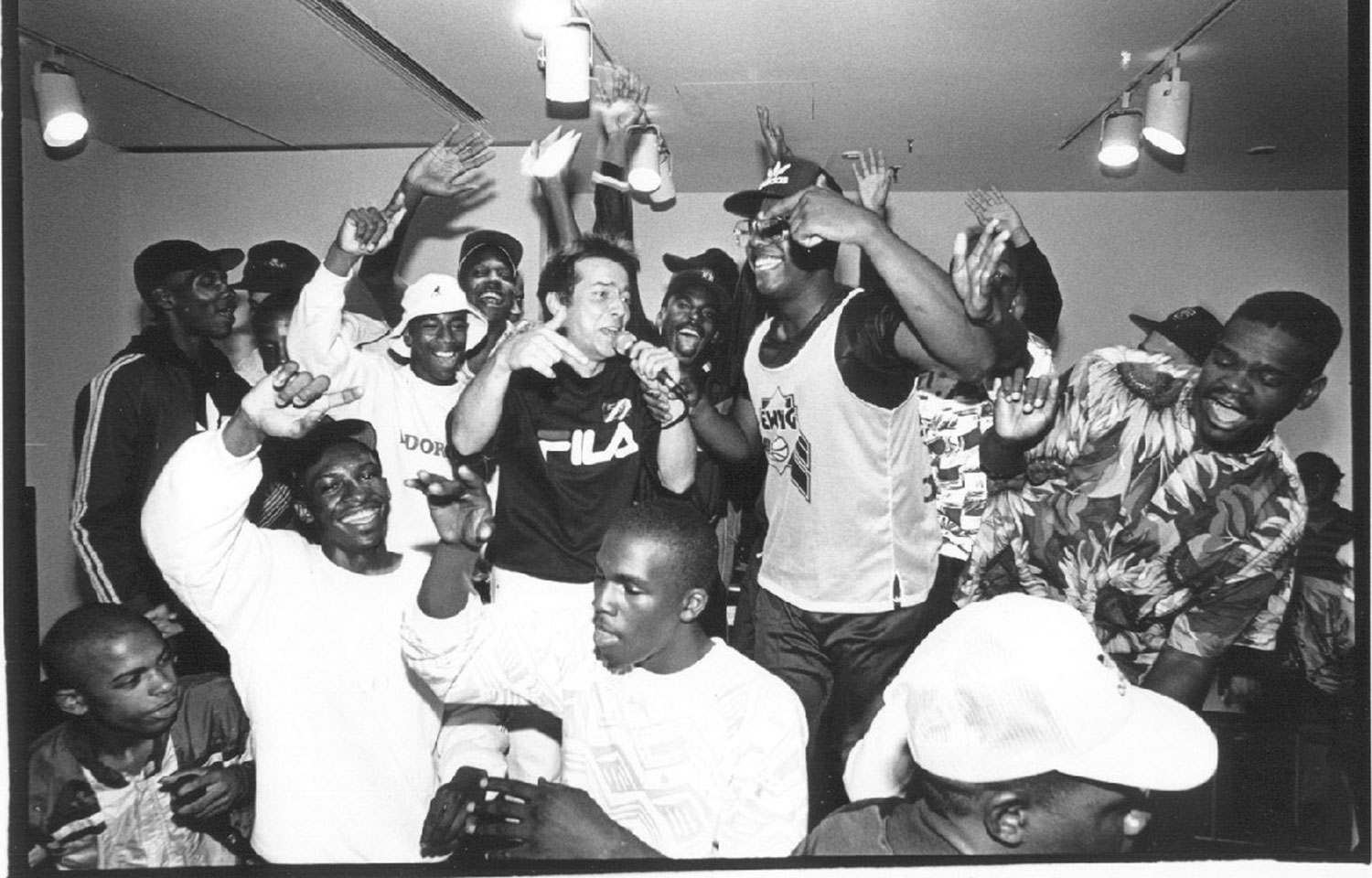 Magnus Johnstone (center) and friends at Boston's Institute of Contemporary Art for a show, c. 1987. (Courtesy Massachusetts Hip-Hop Archive)