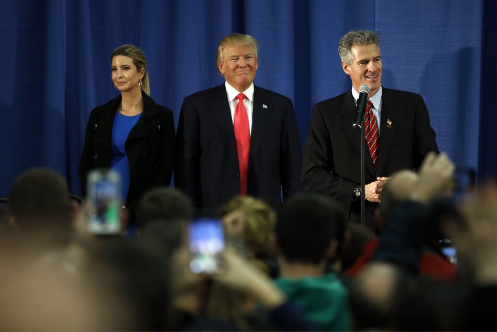 Scott Brown spoke at a campaign event for now-President-elect Trump in Milford, New Hampshire back in February. (Matt Rourke/AP)