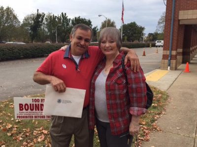 Longtime neighbors Linda Pfannerstill and Jaime Rodriguez pose for a photo on Election Day, 2016. It was Rodriguez's first time voting after gaining his citizenship last year. (Meribah Knight/WPLN)