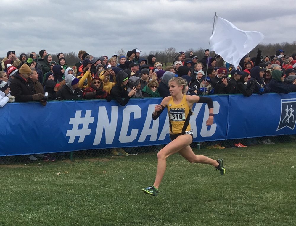 Missouri’s Karissa Schweizer wins the women’s individual title in the NCAA cross country championships on Nov. 19 in Terre Haute, Ind. (Alex Ashlock/Here & Now)