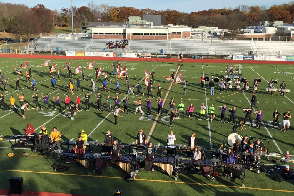 The Trumbull High School marching band during a practice in Trumbull, Conn. (Lynn Menegon/Here & Now)