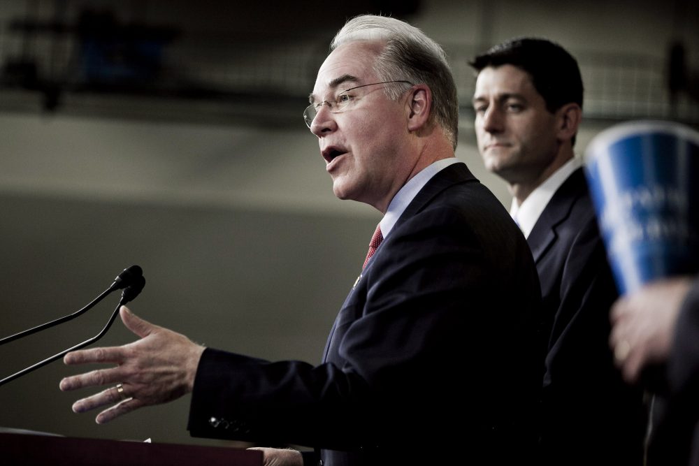 U.S. Rep. Tom Price (R-GA) (L) speaks as House Budget Chairman U.S. Rep. Paul Ryan (R-WI) listens during the introduction of the House Budget Committee's FY2013 budget at a news conference at the Capitol on March 20, 2012 in Washington, D.C. (T.J. Kirkpatrick/Getty Images)