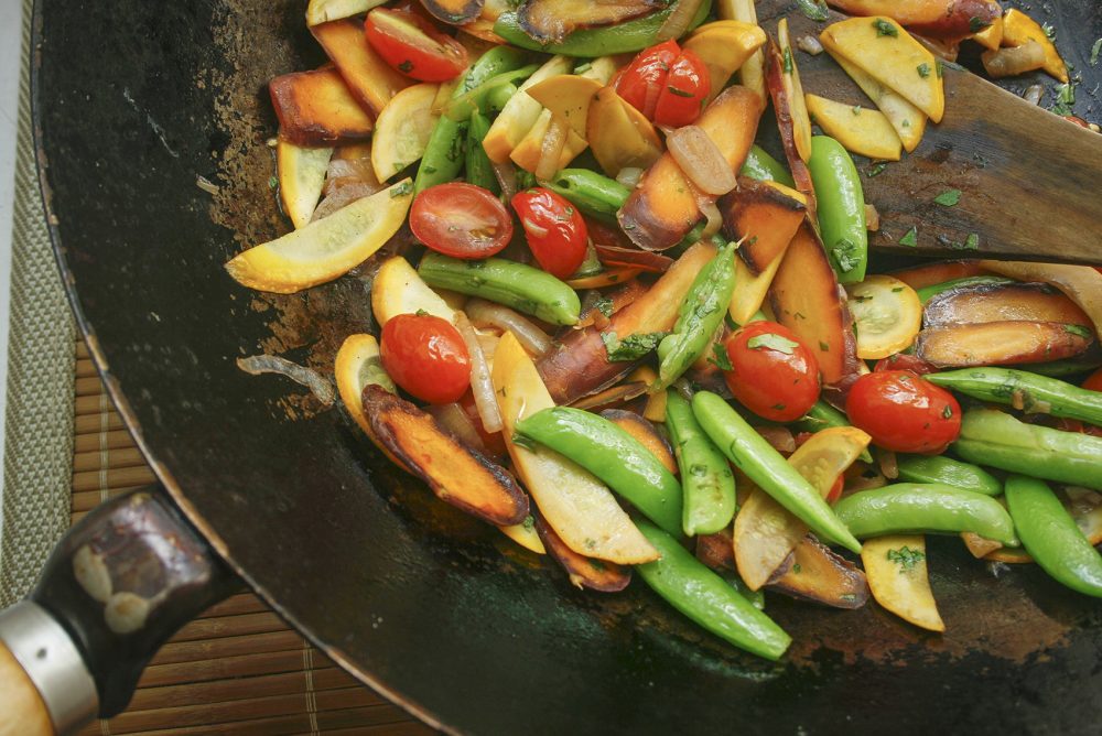 Grace Young’s farmer’s market vegetable stir-fry in her favorite wok. (Courtesy Grace Young)