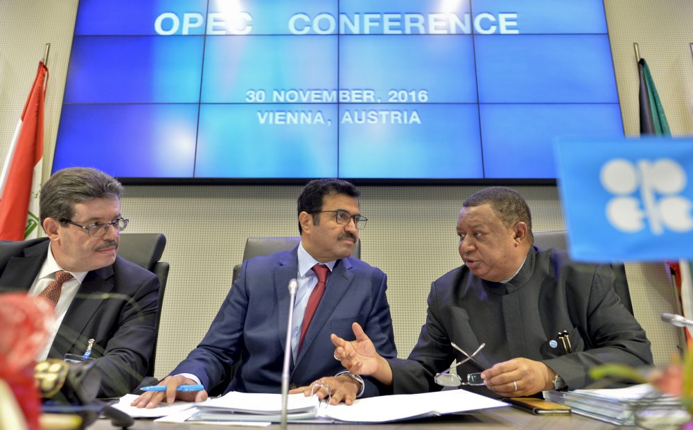 Organization of Petroleum Exporting Countries (OPEC) Secretary General Nigerian Mohammed Barkindo (R), the Chairman of the OPEC Board of Governors Algerian Mohamed Hamel (L) and the President of OPEC Mohammed bin Saleh al-Sada (C) attend a meeting at the OPEC headquarters in Vienna, Austria on Nov. 30, 2016. (Herbert Neubauer/AFP/Getty Images)