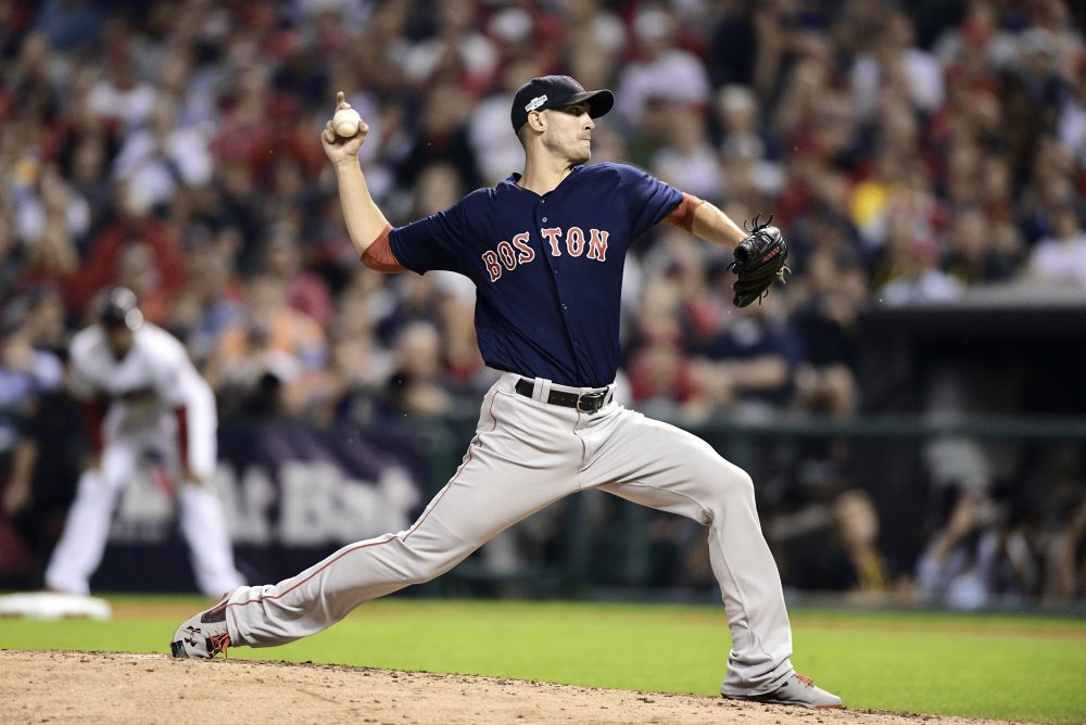 Boston Red Sox pitcher Rick Porcello throws against the Cleveland Indians during Game 1 of the American League Division Series. (David Dermer/AP)