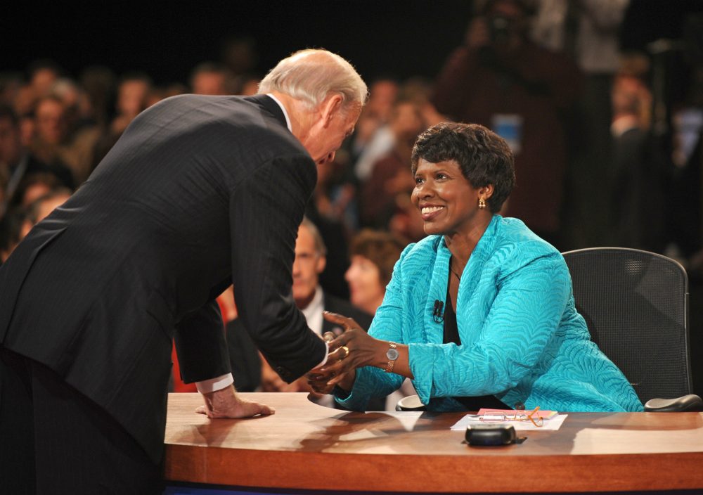 A tribute to the trailblazing journalist and host of the PBS Newshour who died Monday at the age of 61. Pictured: PBS journalist and debate moderator Gwen Ifill and then-Democratic vice presidential nominee, Sen. Joe Biden, D-Del., left, shake hands at the end of his vice presidential debate with Republican rival, Alaska Gov. Sarah Palin in St. Louis, Mo., on Oct. 2, 2008. (Don Emmert/AP)