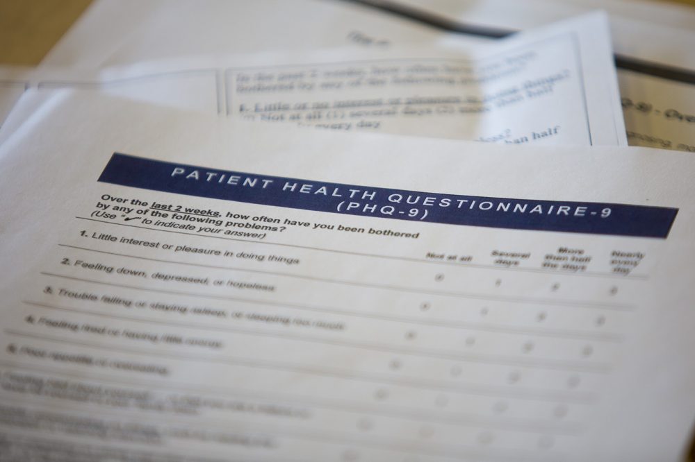One Massachusetts doctor says she can't rely on her usual questionnaire to check for depression, because so many patients feel &quot;down, depressed or hopeless&quot; following the election. Pictured here, a patient health questionnaire about depression. (Jesse Costa/WBUR)