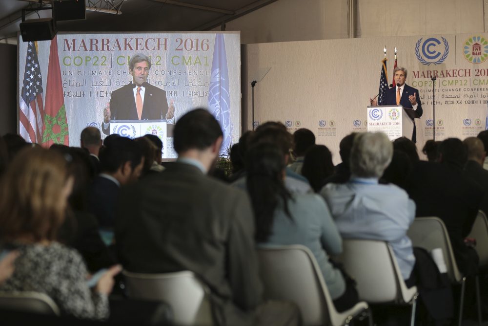 US Secretary of State John Kerry delivers an address at the COP22 climate change conference in Marrakech on Wednesday, Nov 16, 2016. (Mosa'ab Elshamy/AP)