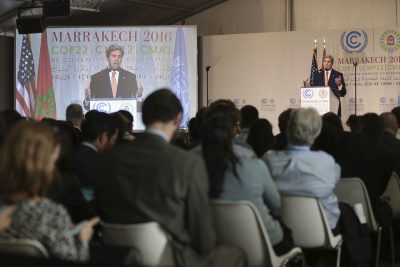 US Secretary of State John Kerry delivers an address at the COP22 climate change conference in Marrakech on Wednesday, Nov 16, 2016. (Mosa'ab Elshamy/AP)