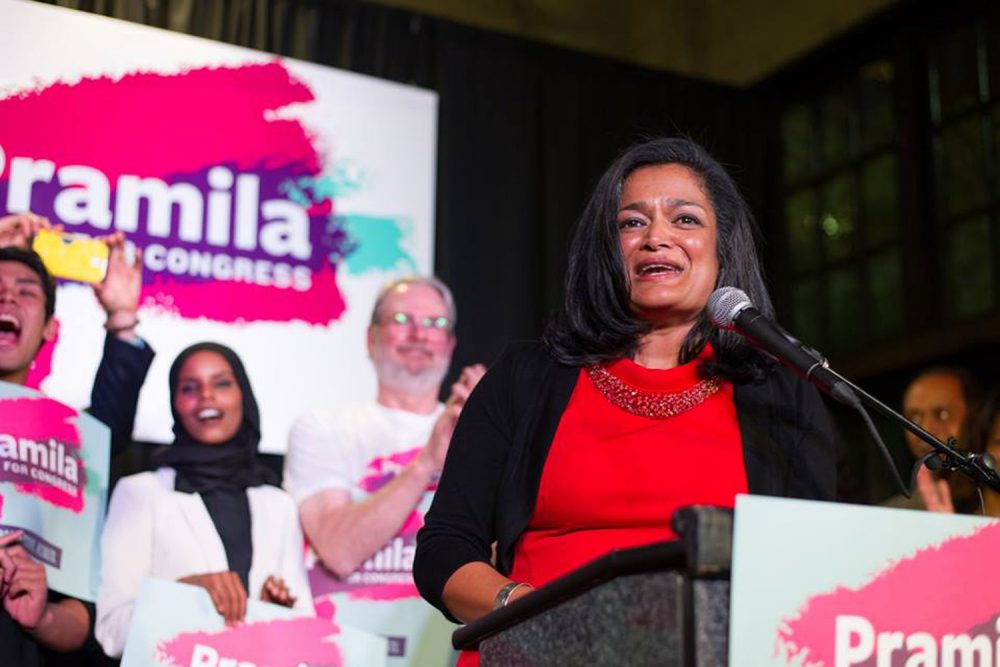 A photo of Rep. Elect Pramila Jayapal at her victory party in Seattle on Tuesday, November 8. (Via Pramila Jayapal's campaign / Andrew Tat)