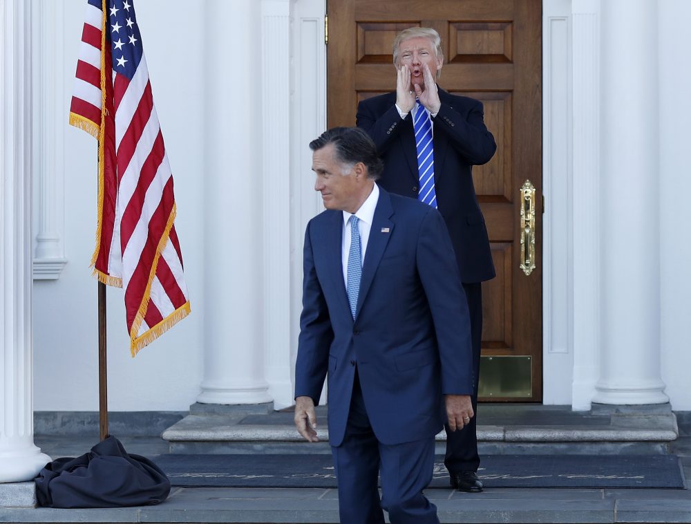 President-elect Donald Trump and former Massachusetts Governor Mitt Romney after their meeting in Bedminster, N.J. on Saturday, Nov. 19. (Carolyn Kaster/AP)