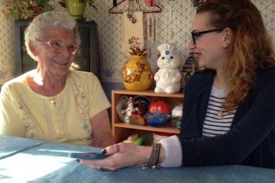 Gabriella Rinehart interviews great-grandmother Mae Ridge on Friday, Nov. 27, 2015, in the kitchen of Ridge's home in Leitersburg, Md. The interview was part of StoryCorps' Great Thanksgiving Listen oral history project. (David Dishneau/AP)
