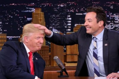 In this file photo, Tonight Show host Jimmy Fallon musses the hair of President-Elect Donald Trump during an appearance on the NBC evening talk show. (Courtesy NBC/File)