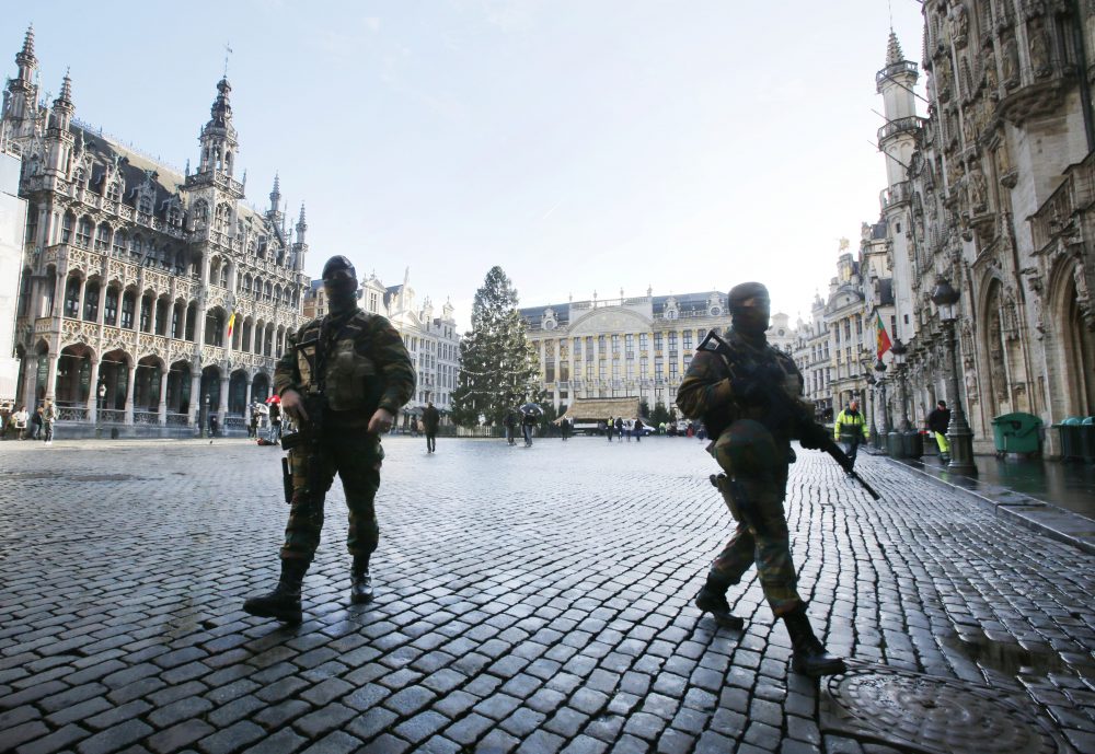 Belgian soldiers patrol the Grand Place in Brussels on Nov. 26, 2015. The city had been keeping its terror alert on the highest level in the wake of the ISIS terror attacks in Paris earlier that month. (Michael Probst/AP)