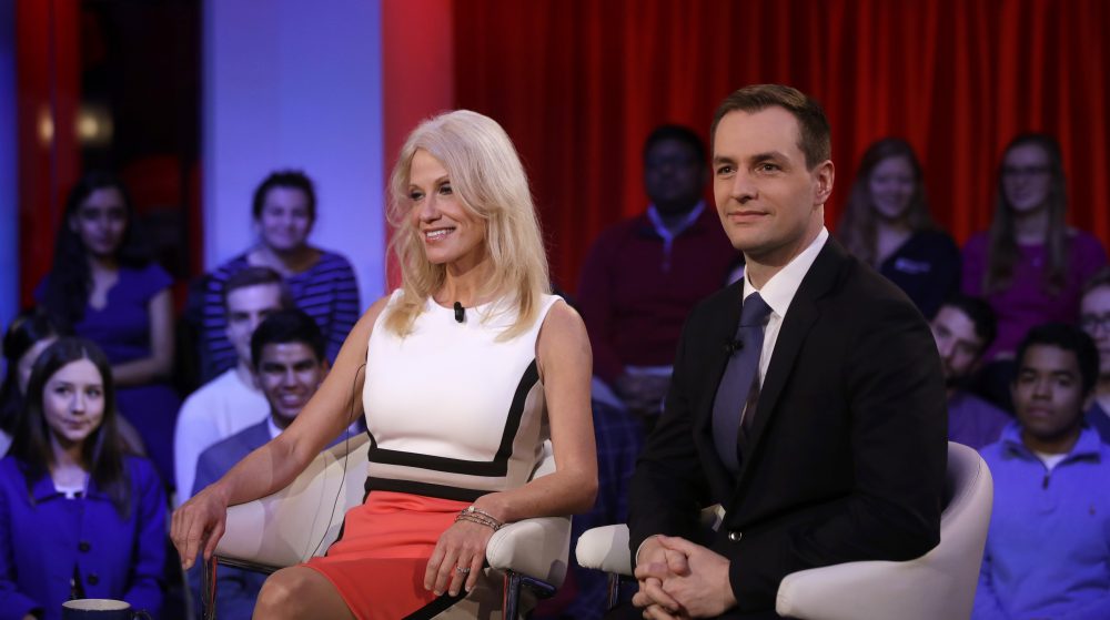 Kellyanne Conway, Trump-Pence campaign manager, left, sits with Robby Mook, Clinton-Kaine campaign manager, prior to a forum at Harvard University's Kennedy School of Government in Cambridge, Mass. (Charles Krupa/AP)