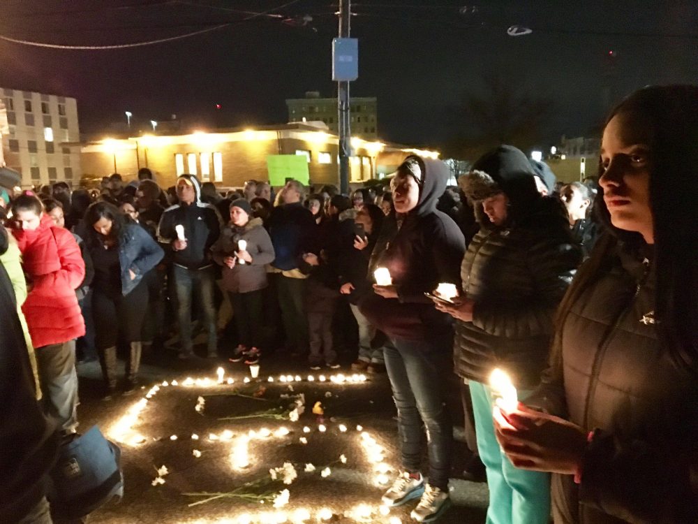 Several hundred people attended a vigil in memory of 16-year-old Lee Manuel Viloria-Paulino. (Shannon Dooling/WBUR)