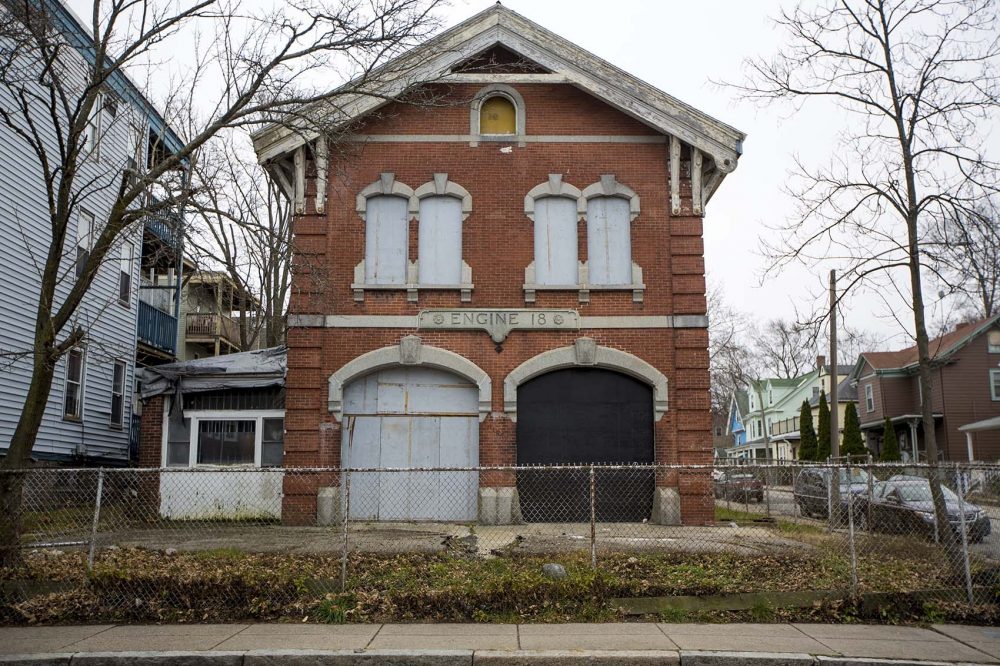 Katherine Bergeron and her partner Stephen Frederick purchased the historic firehouse on Harvard Street near Four Corners in Dorchester to eventually use it for performances and exhibit space. (Jesse Costa/WBUR)