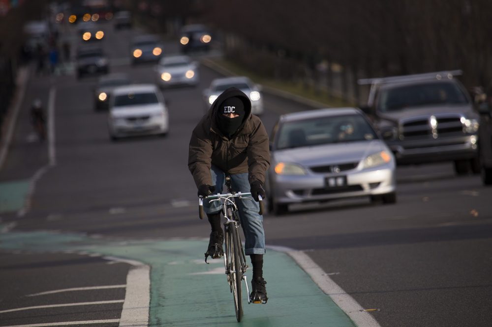 A cyclist battles the cold as he rides down Commonwealth Avenue on Thursday. (Jesse Costa/WBUR)