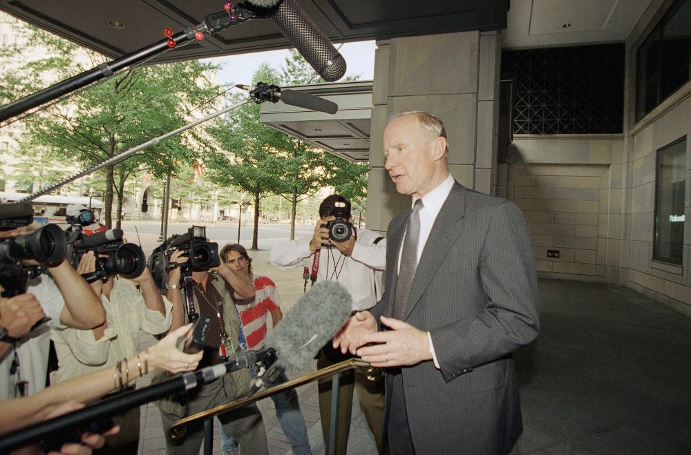 Whitewater special prosecutor Robert Fiske talks to reporters as he arrived at his Washington office on June 30, 1994. Fiske said his first report to the public being released concludes that the death of White House aide Vince Foster in 1993 was a suicide. After Foster's suicide, a conspiracy theory circulated that claimed the former Clinton aide did not take his life, but was killed and the Clintons may have been involved. (Mark Wilson/AP)
