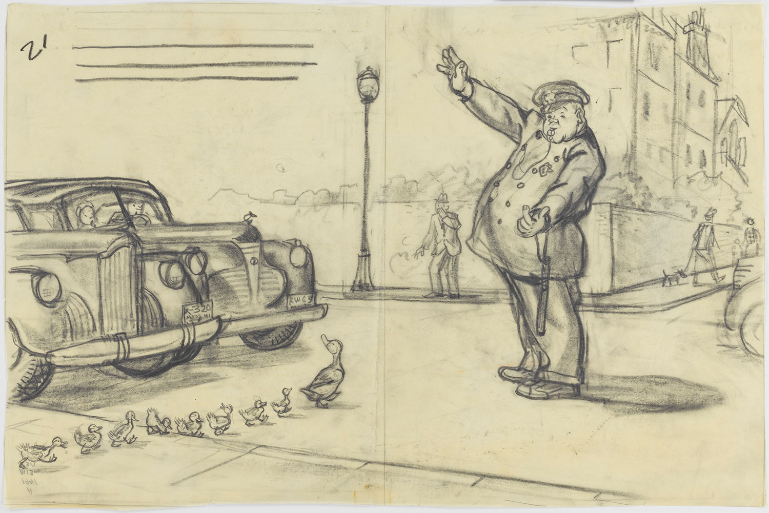 Drawing for &quot;Make Way for Ducklings&quot;: “He planted himself in the center of the road, raised one hand to stop traffic, and then beckoned with the other, the way policemen do, for Mrs. Mallard to cross over.&quot; By Robert McCloskey, 1941, graphite. (Courtesy, Museum of Fine Arts, Boston)