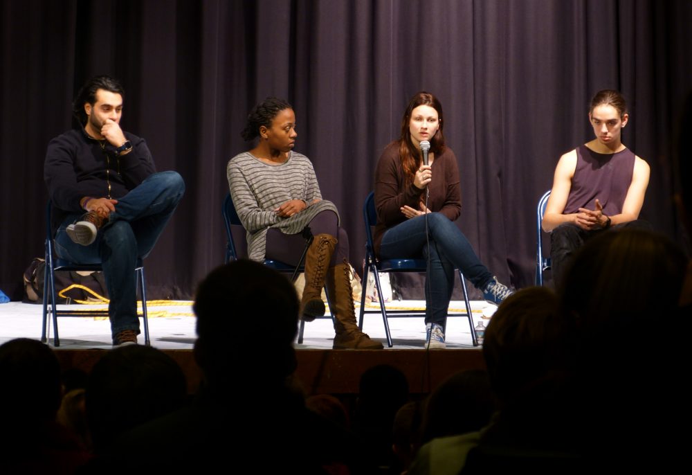 Actors Elie Saroufim, Elizabeth Addison, Abby E. and Jon R. (some of the players did not want their last names used in this story) on stage at Triton Regional High School. (Courtesy Lynn Bratley/The Improbable Players)