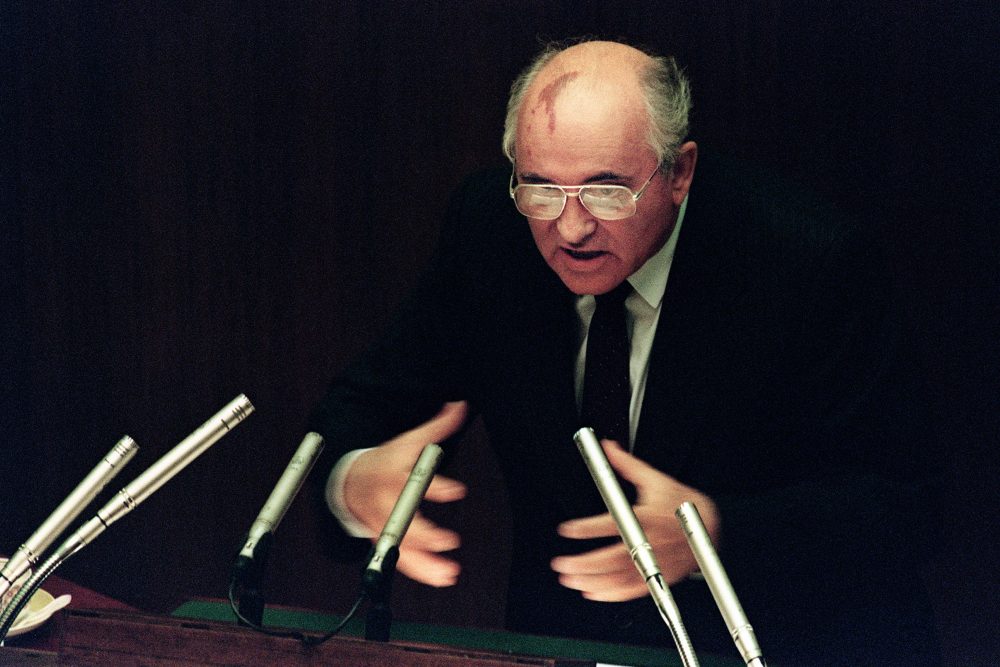 Soviet President Mikhail Gorbachev during an extraordinary session of the Supreme Soviet in Moscow on Aug. 27, 1991. (Vitaly Armand/AFP/Getty Images)