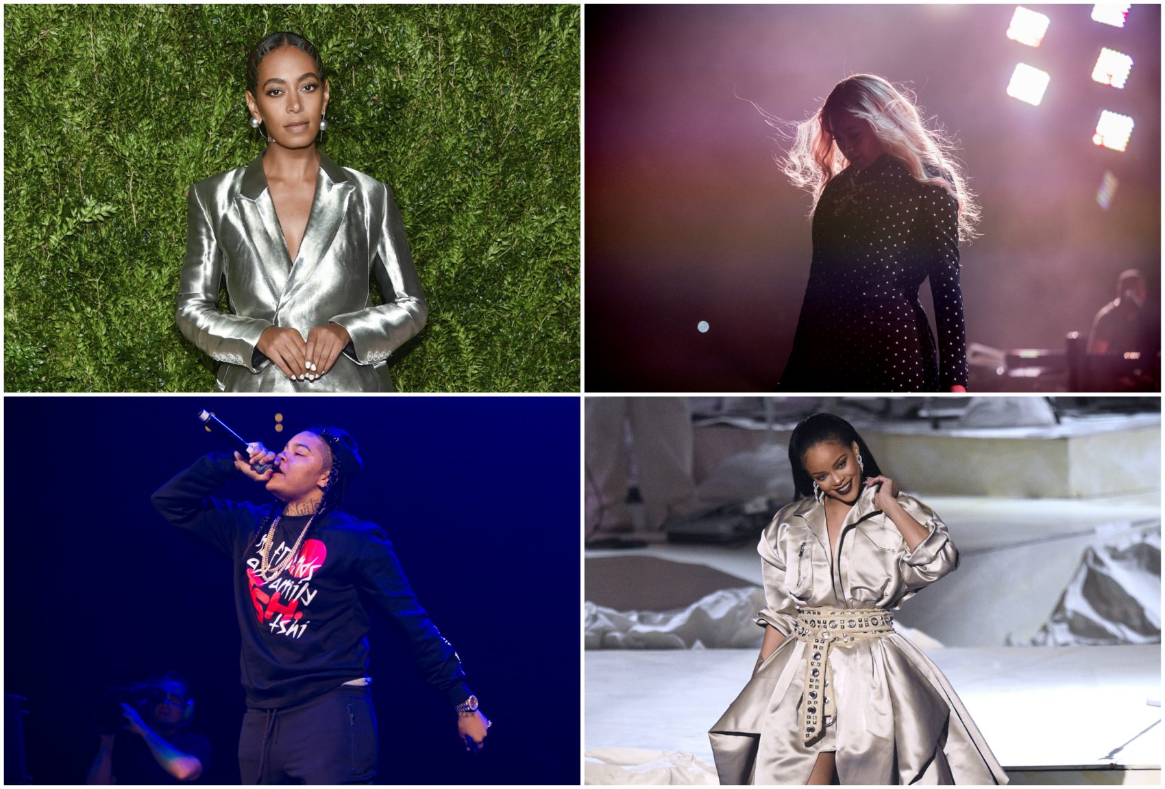 Solange, Beyoncé, Rihanna and Young M.A., clockwise. (AP photos)