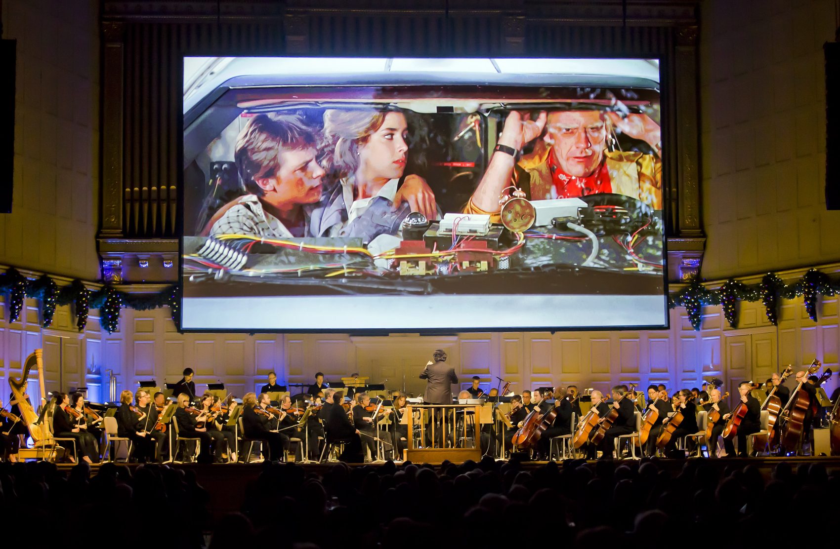 Boston Pops musicians play a &quot;live-to-picture&quot; &quot;Back to the Future&quot; show at Symphony Hall in Boston, Friday, Dec. 30, 2016. (Winslow Townson)