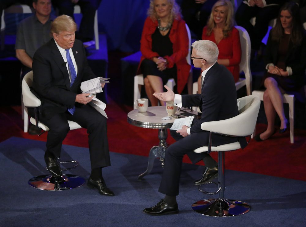 Donald Trump participates in a CNN town hall with Anderson Cooper on March 29 in Milwaukee. (Charles Rex Arbogast/AP)
