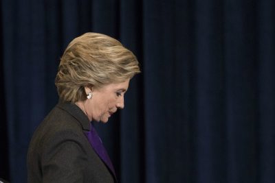 Democratic presidential candidate Hillary Clinton walks off the stage after speaking in New York, Wednesday, Nov. 9, 2016. (Matt Rourke/AP)