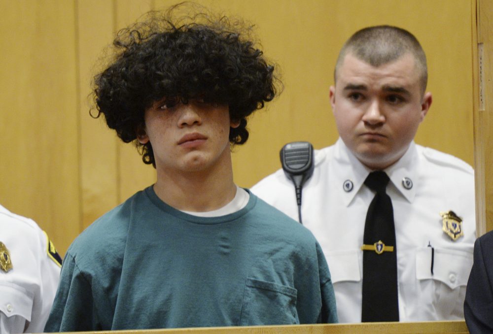Mathew Borges, 15, attends his arraignment in Lawrence District Court on Monday. Borges was held without bail after pleading not guilty on a first-degree murder charge. (Paul Bilodeau/The Eagle-Tribune via AP, Pool)