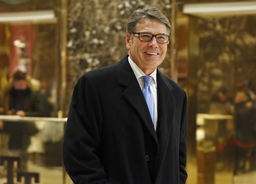 Former Texas Gov. Rick Perry is seen leaving Trump Tower in New York on Monday. Perry is President-elect Donald Trump’s choice to become energy secretary, two people with knowledge of the decision say. (Kathy Willens/AP)