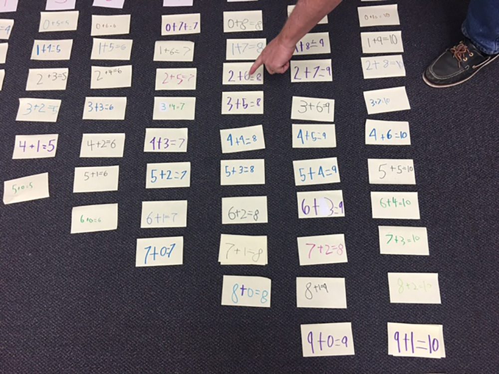 A teacher points at student-made index cards designed to teach organization and logic skills. (Tonya Mosley/WBUR).