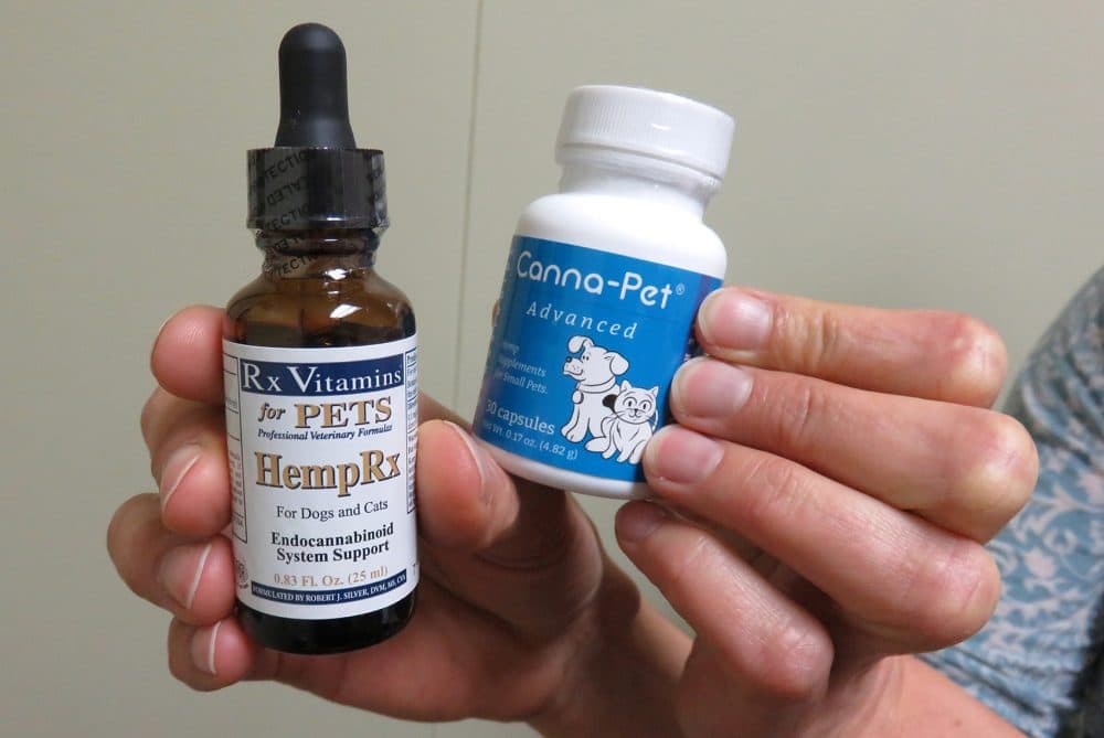 Some examples of over-the-counter cannabis-derived products geared toward pets. (Tom Banse/Northwest News Network)
