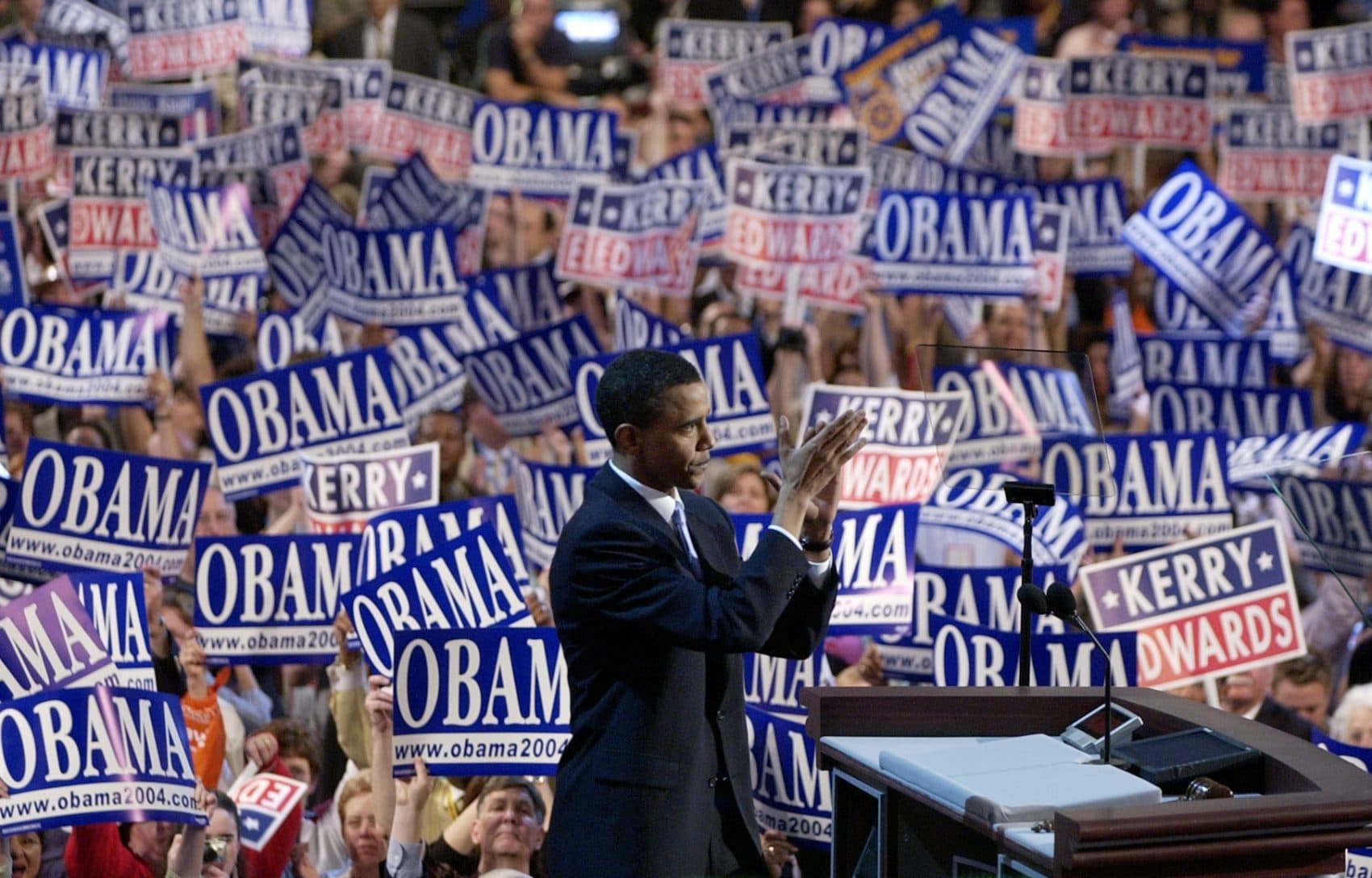 Barack Obama, then-candidate for the Senate from Illinois, speaks to delegates during the Democratic National Convention at the FleetCenter in Boston on July 27, 2004. (Charlie Neibergall/AP)