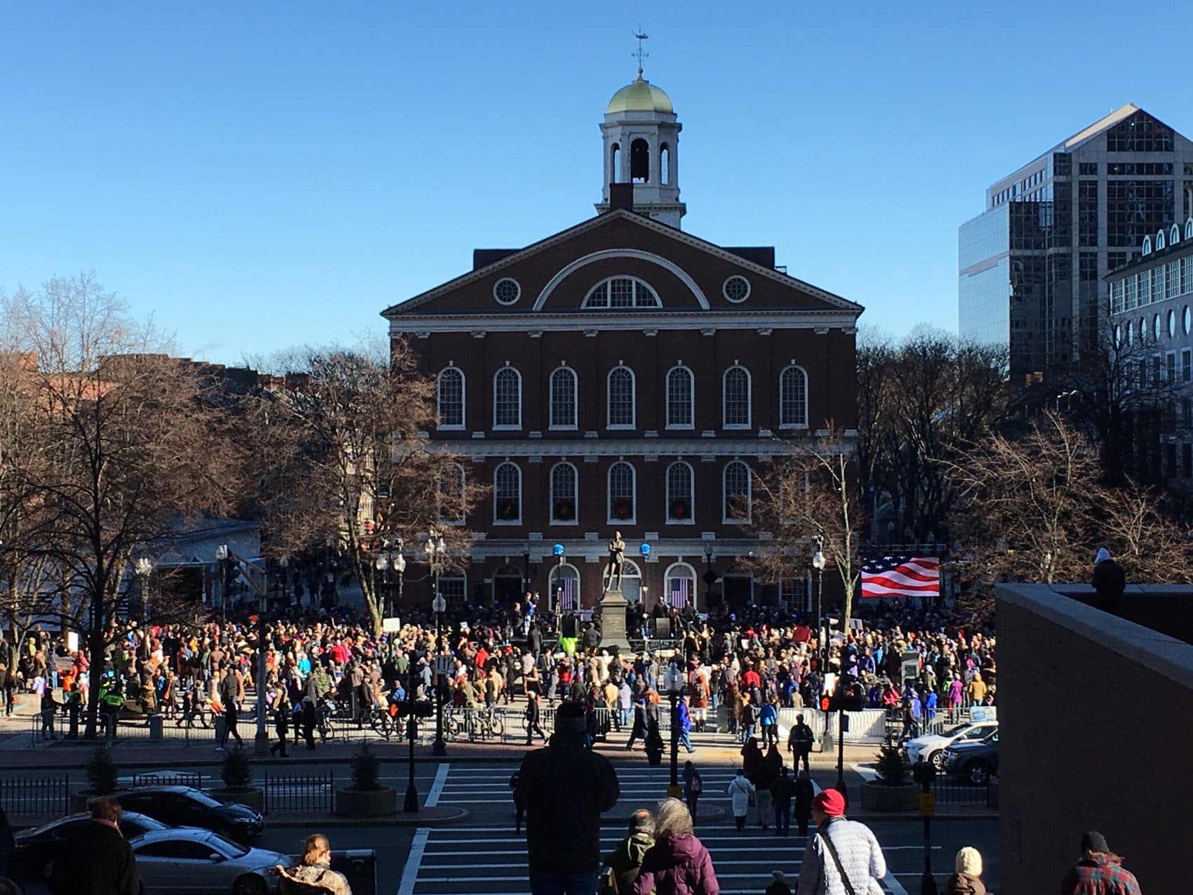 On Sunday, almost the entire Massachusetts congressional delegation participated in a rally at Faneuil Hall in support of the Affordable Care Act. Similar rallies in support of President Obama's signature healthcare law also occured throughout the country Sunday. (Qainat Khan/WBUR)