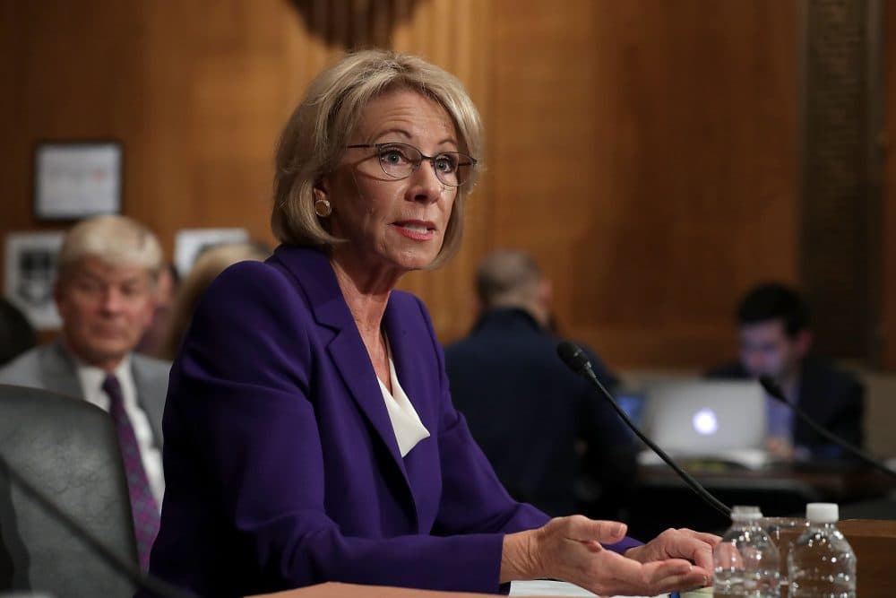 Betsy DeVos, President-elect Donald Trump's pick to be the next secretary of education, testifies during her confirmation hearing before the Senate Health, Education, Labor and Pensions Committee on Capitol Hill on Jan. 17, 2017 in Washington, D.C. (Chip Somodevilla/Getty Images)