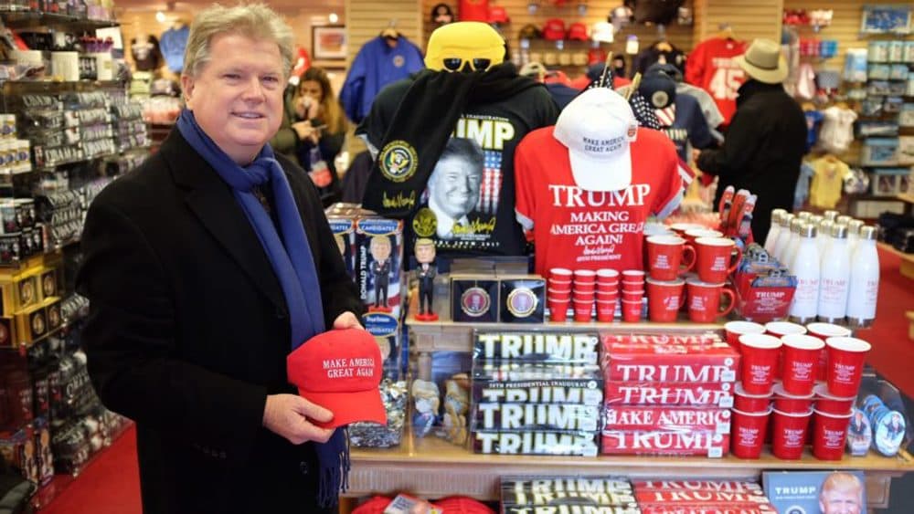 Jim Warlick of White House Gifts has been stocking up on Trump swag in preparation for the inauguration. (Patrick Madden/WAMU)