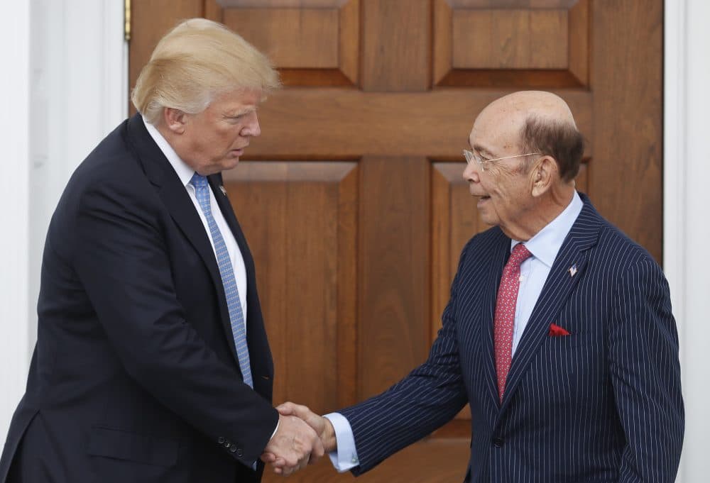 President-elect Donald Trump, left, shakes hands with investor Wilbur Ross after meeting at the Trump National Golf Club Bedminster clubhouse, Sunday, Nov. 20, 2016, in Bedminster, N.J.. (Carolyn Kaster/AP)
