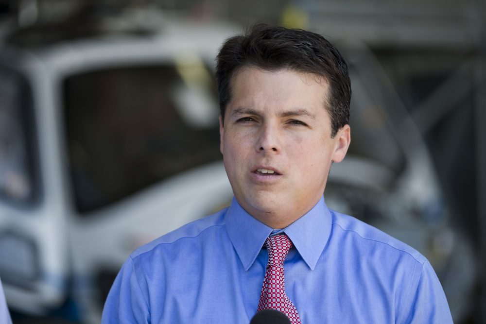 Rep. Brendan Boyle, D-Pa., speaks during a news conference at the AgustaWestland's aircraft manufacturing facility Monday, June 22, 2015, in Philadelphia. (Matt Rourke/AP)