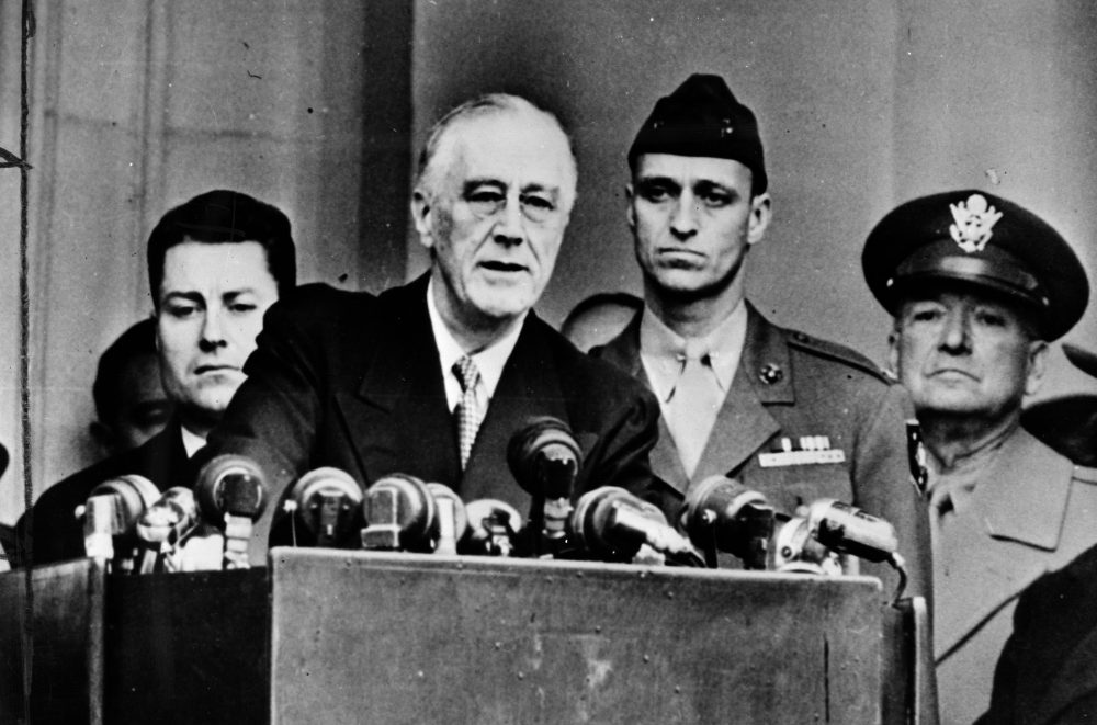 President Franklin Delano Roosevelt speaks during his fourth inauguration ceremony at the White House on Jan. 20, 1945. (Fox Photos/Getty Images)