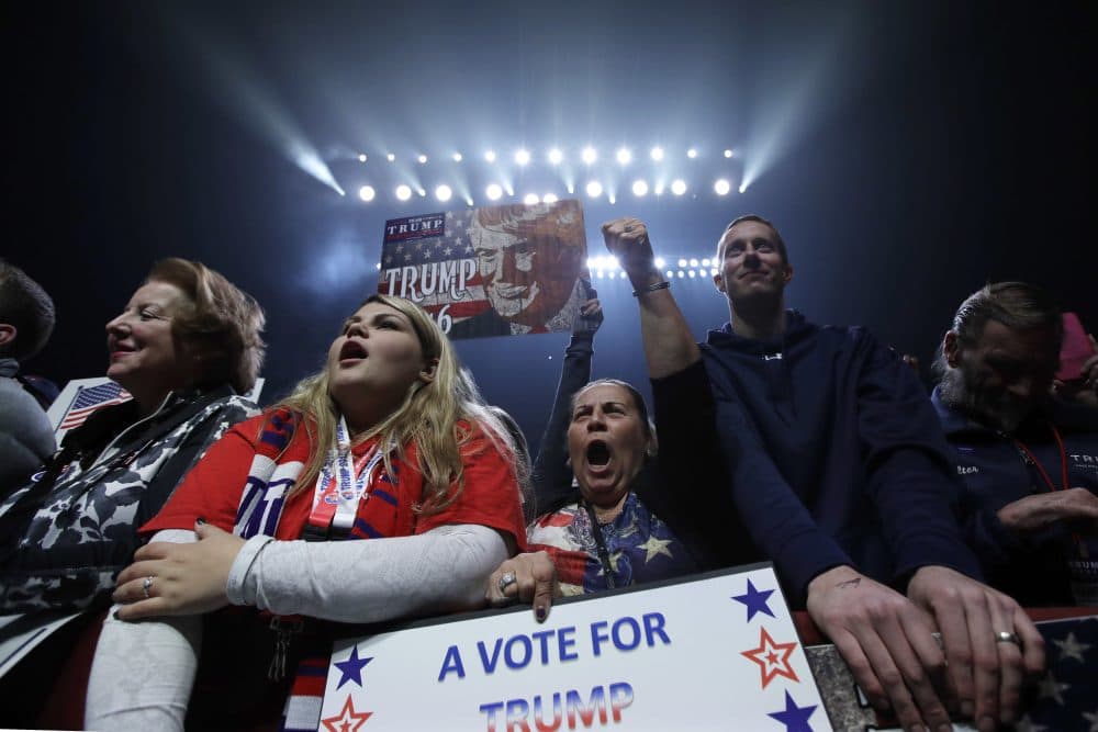 Supporters cheer as Republican vice presidential candidate, Indiana Gov. Mike Pence, speaks to a campaign rally before the arrival of Republican presidential candidate Donald Trump, Monday, Nov. 7, 2016, in Manchester, N.H. (AP Photo/Charles Krupa)