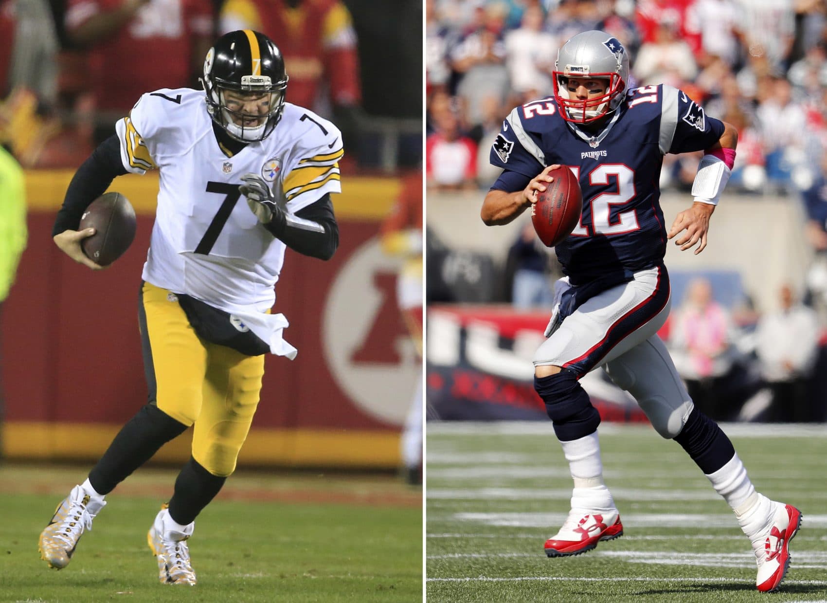 At left, in a Jan. 15, 2017 file photo, Pittsburgh Steelers quarterback Ben Roethlisberger plays against the Kansas City Chiefs. At right, in an Oct. 16, 2016 file photo, New England Patriots quarterback Tom Brady runs against the Cincinnati Bengals (Winslow Townson/AP File)