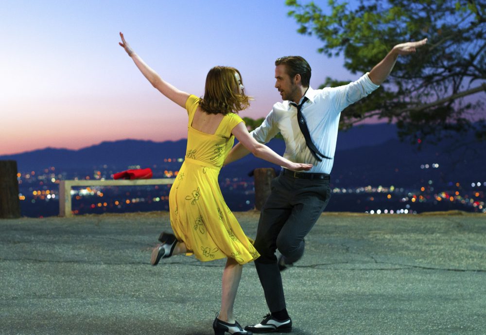 This image released by Lionsgate shows Ryan Gosling, right, and Emma Stone in a scene from, &quot;La La Land.&quot; The film was nominated for an Oscar for best picture. (Dale Robinette/Lionsgate via AP)